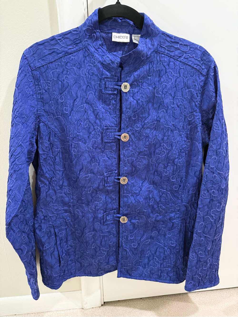 Chico's Women’s Cobalt Blue Textured Mandarin-Collar Jacket